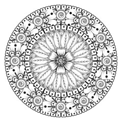Circular pattern in form of mandala for Henna, Mehndi, tattoo, decoration. Coloring book page.