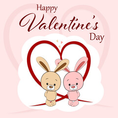 Two cute rabbits with hearts. Couple in love. The con for Valentine' day. Funny bunny, cartoon characters. Vector illustration isolated on white. The  for design greeting cards, kids products, t-shirt