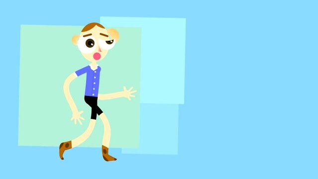 A painted boy with big eyes walks on a blue background of rotating squares. Abstract animated background with a long-legged hand-drawn character.