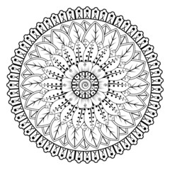 Circular pattern in form of mandala for Henna, Mehndi, tattoo, decoration. Coloring book page.