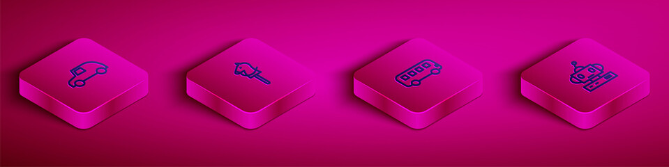 Set Isometric line Toy car, horse, Bus toy and Robot icon. Vector