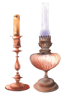 Vintage oil lamp and candlestick with candle. Watercolor illustration isolated on white background.