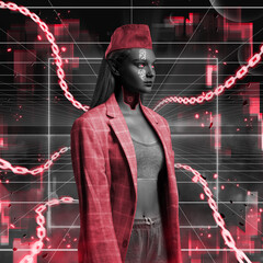 Woman elf in cyberpunk style dressed in red stylish jacket