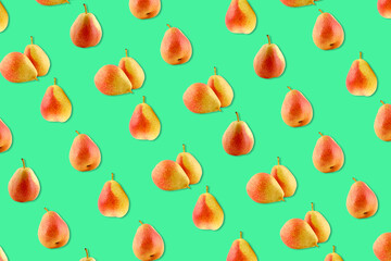 Pear fruits collection and  pattern. Healthy eating and dieting food concept. Summer fruit composition. pattern with pear fruits on on green background