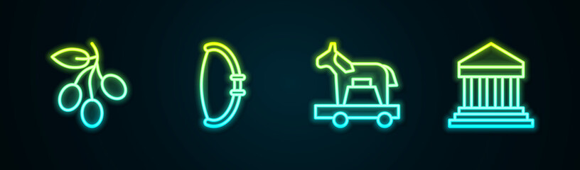 Fototapeta premium Set line Olives branch, Medieval bow, Trojan horse and Parthenon. Glowing neon icon. Vector