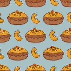 Seamless pattern with pumpkin slice, berries and pumpkin pie. Vector illustration in a cartoon flat style 