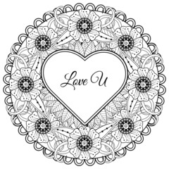 Mehndi flower with frame in shape of heart. decoration in ethnic oriental, doodle ornament.