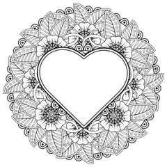 Mehndi flower with frame in shape of heart. decoration in ethnic oriental, doodle ornament.