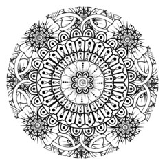 Circular pattern in form of mandala for Henna, Mehndi, tattoo, decoration. Coloring book page.