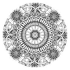 Circular pattern in form of mandala for Henna, Mehndi, tattoo, decoration. Coloring book page.