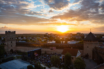 Fototapeta premium Aerial view on Lubart's castle in Lutsk, Ukraine from drone
