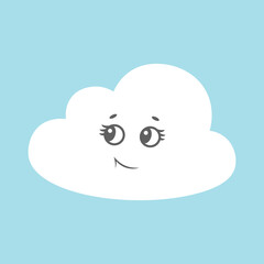 Light blue cartoon cloud with cute face. Cute cloud vector illustration drawing. Print for icon, t-shirt, card, poster.