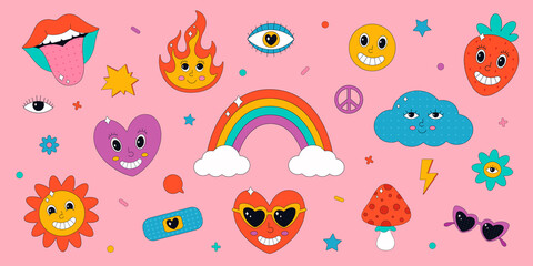 Fototapeta premium Set of cute elements and characters in psychedelic 70's style. Hippie, psychedelic, groove, retro and vintage style. Vector illustration