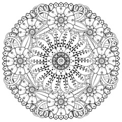 Circular pattern in form of mandala for Henna, Mehndi, tattoo, decoration. Coloring book page.