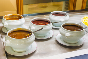 Meal dishes on food court.