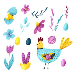 Watercolor Easter collection with eggs, hen, chicken, herbs and flowers - 482452528