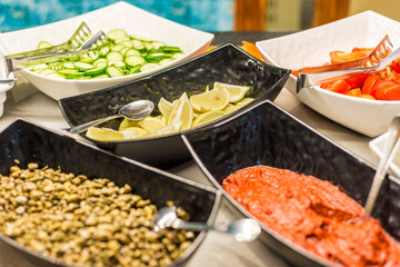 Meal dishes on food court.