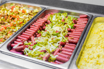 Meal dishes on food court.