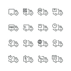 Delivery truck related icons: thin vector icon set, black and white kit