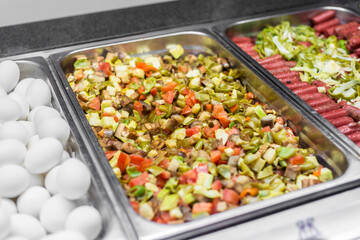 Meal dishes on food court.