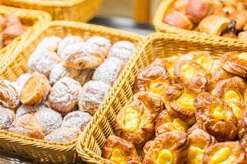 Meal dishes on food court.