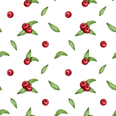 Watercolor wild berries seamless pattern. Background with rosehip berries and leaves. Design for poster, textiles, endless hand drawn texture