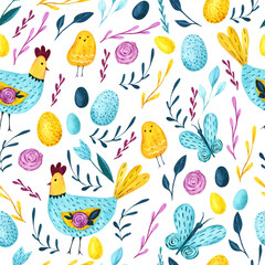 Watercolor seamless pattern with hen, colored eggs, butterflies and flowers - 482452736