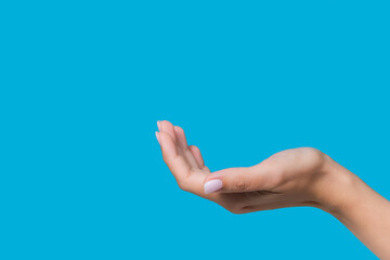 Close up view stock photography of beautiful manicured outstretched empty female hand isolated on blue background 