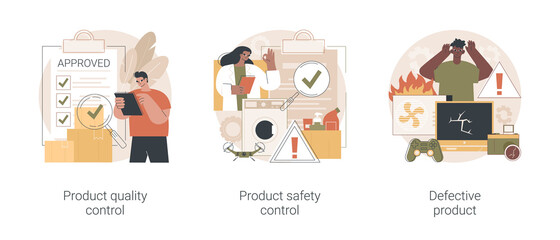 Product manufacturing abstract concept vector illustration set. Product quality and safety control, defective product testing, customer feedback, inspection, warranty certificate abstract metaphor.