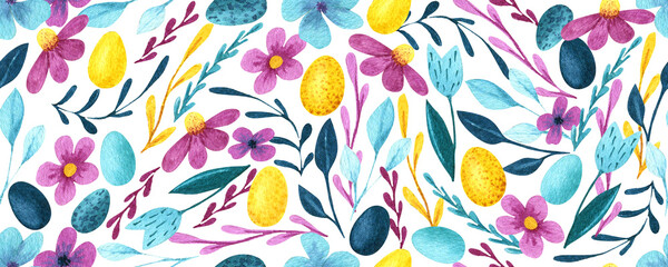 Watercolor Easter seamless pattern with eggs, flowers and branches. Original hand drawn print for invitation, wrapping paper and cards - 482453126