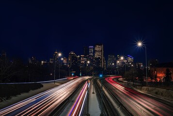 Nighttime Light Trails By Downtown Calgary