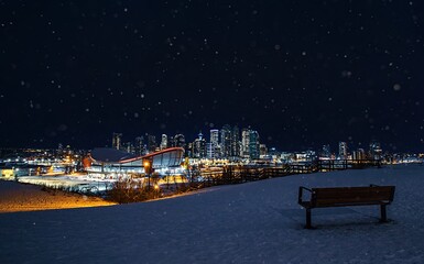 Nighttime Snowfall Over Downtown Calgary
