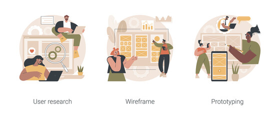 UX design abstract concept vector illustration set. User research, wireframe, prototyping, design project, online survey, reports and analytics, web page layout, website navigation abstract metaphor.
