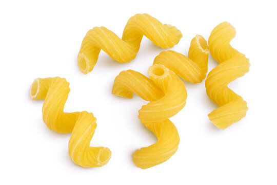 raw pasta cavatappi isolated on white background with clipping path and full depth of field. Top view. Flat lay