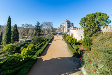 Convent of Christ or 'Convento de Cristo' is ornately sculpted, Manueline style, hilltop Roman Catholic convent in Tomar, Portugal. Templar stronghold complex is a historic and cultural monument.