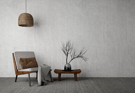 Wabi-sabi style interior mockup with chair,table,vase and floor lamp on grunge wall background.3d rendering