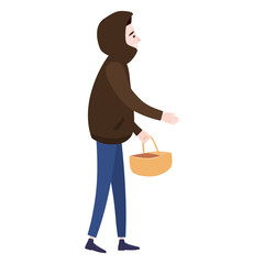 Young Man with basket for goods, winter cold weather clothes, hat warm coat, scarf, boots. Cartoon flat style