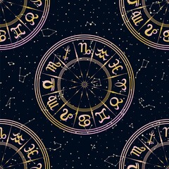 Obraz premium Abstract Pink and Yellow Seamless Pattern with Frame of Zodiac Signs. Horoscope Symbol. Hemisphere Sky Map. Bright Constellations on Starry Night Background. Raster Illustration 