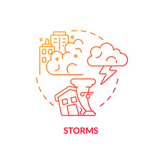 Storms red gradient concept icon. Winds and thunderstorm. Climate change abstract idea thin line illustration. Isolated outline drawing. Editable stroke. Roboto-Medium, Myriad Pro-Bold fonts used