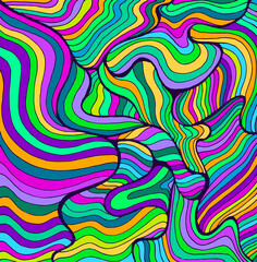 Fototapeta na wymiar Psychedelic colorful waves. Fantastic art with decorative texture. Surreal doodle pattern. Rainbow abstract pattern, maze wave of ornaments. Vector hand drawn illustration