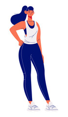 Woman in fitness suit stands straight. Vector lovely character smiling isolated on white