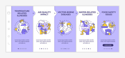 Impact of climate change on human health purple and white onboarding template. Responsive mobile website with linear concept icons. Web page walkthrough 5 step screens. Lato-Bold, Regular fonts used