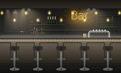 Bar pub loft interior stools standing in row near wooden counter desk realistic vector illustration - obrazy, fototapety, plakaty