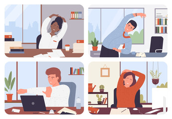 Business people do healthy sport exercises in office and relax set vector illustration. Cartoon employee characters stretching body. Work break workout for wellness, care health, stress relief concept