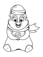 Fototapeta premium Coloring page. Cartoon cute penguin sitting with a cup of hot tea