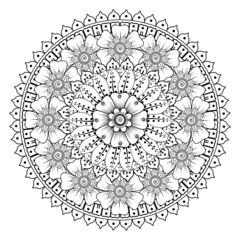 Circular pattern in form of mandala for Henna, Mehndi, tattoo, decoration. Decorative ornament in ethnic oriental style. Coloring book page.