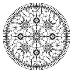 Circular pattern in form of mandala for Henna, Mehndi, tattoo, decoration. Decorative ornament in ethnic oriental style. Coloring book page.