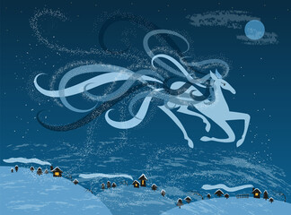 Blizzard horse rushing in the night sky over the village. Vector winter illustration