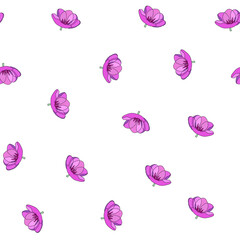 Spring colorful vector illustration with pink tulips. Cartoon style. Design for fabric, textile, paper. Holiday print for Easter, Birthday, 8 march. Flowers with leaves