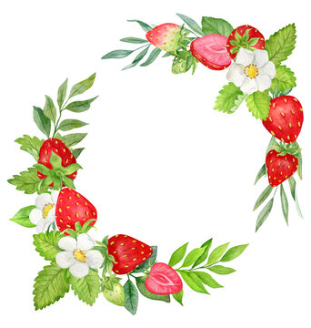 Watercolor wreath with stawberries and leaves